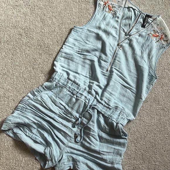 Embroidered Mesh Zip Up Short Chambray Romper Stretch Tie Up Pocket Denim Kawaii - Picture 9 of 10